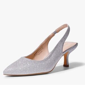 Dream Pairs Silver Glitter Slingback Kitten Heel Pumps, Size 5